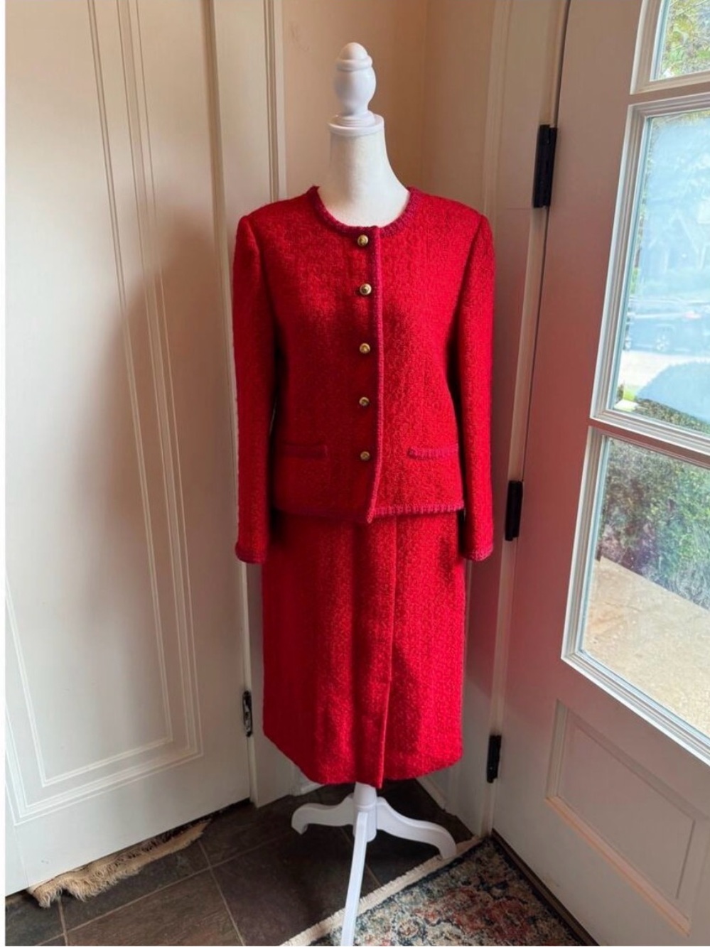 Vintage CHANEL Red Bouclé Skirt Suit Set
